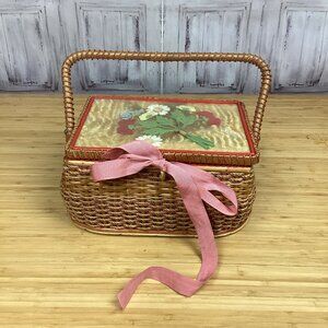 Vintage Wicker Wood Pressed Flowers Sewing Basket